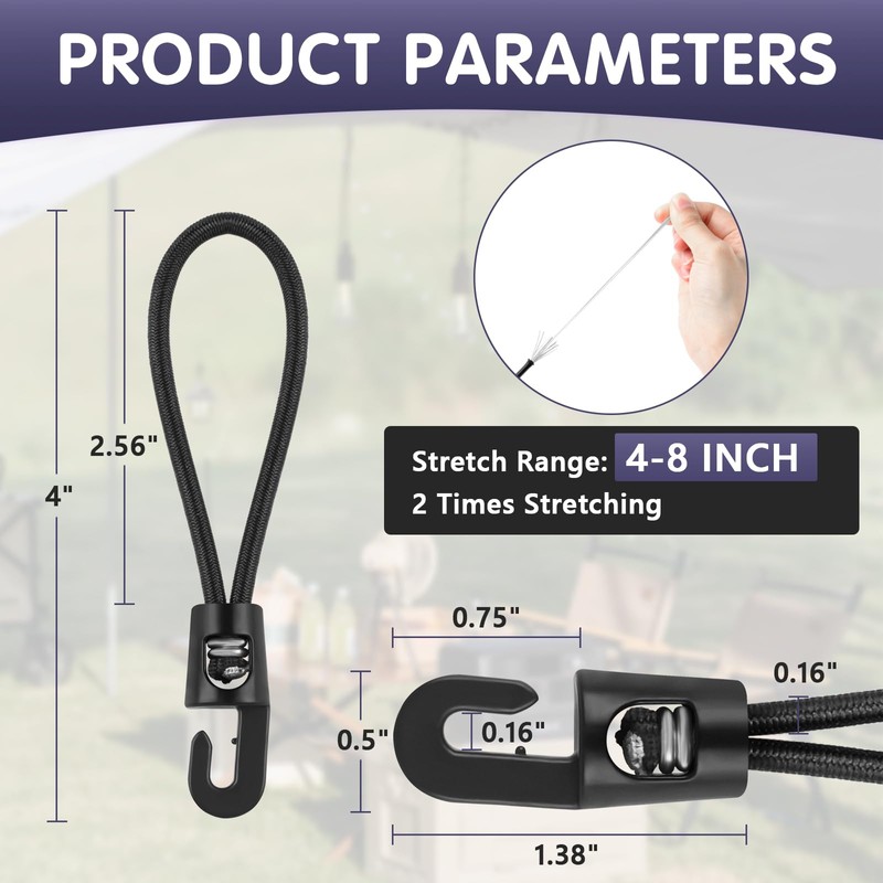Bungee Cords with Hooks 4 Inch, 50 PCS Short Bungee