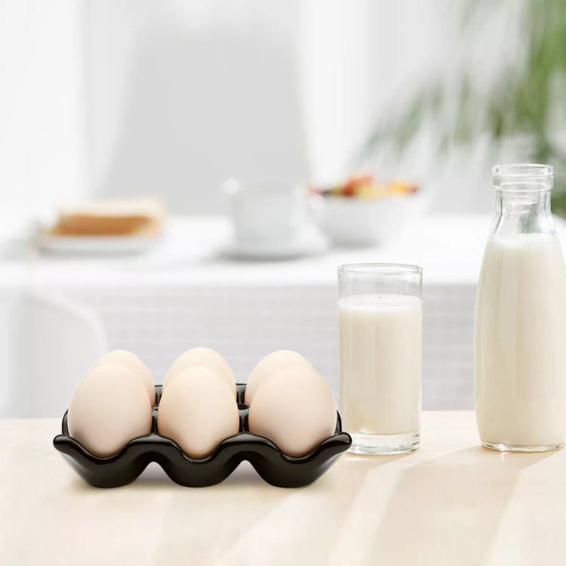 Ceramic Egg Tray 6-Cup Egg Holder Container for Fridge (Black,
