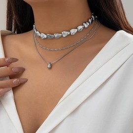 Chargances - Gargantilla con colgante de gota de agua de múltiples capas de plata delicada para mujeres y niñas, open size, Estrás, Cristal