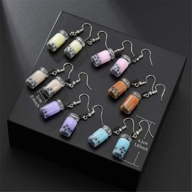 DAMLENG 6 Pairs Creative Unique Bubble Boba Tea Dangle Earrings Personality Milk Tea Drink Earring Colorful Glass Bottle Funny Earrings for women Jewelry Christmas Gifts (6 Color （AS Picture）)