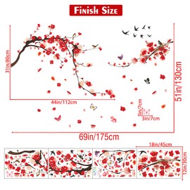 3D Red Plum Blossom Wall Decals Red Flowers Blossom Tree Branch Wall Stickers DIY Removable Chinese Style Red Flowers Birds Butterfly Wall Art Decor for Bedroom Living Room Office Decoration DT-4990