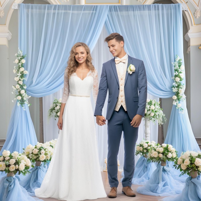 10x10 Blue Tulle Backdrop Curtains for Parties, Sheer Backdrop Curtain