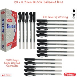 SAINO 20 x 0.7mm Fine Tip Softek BLACK Ballpoint Pens Smooth Writing Non Dry Guarantee