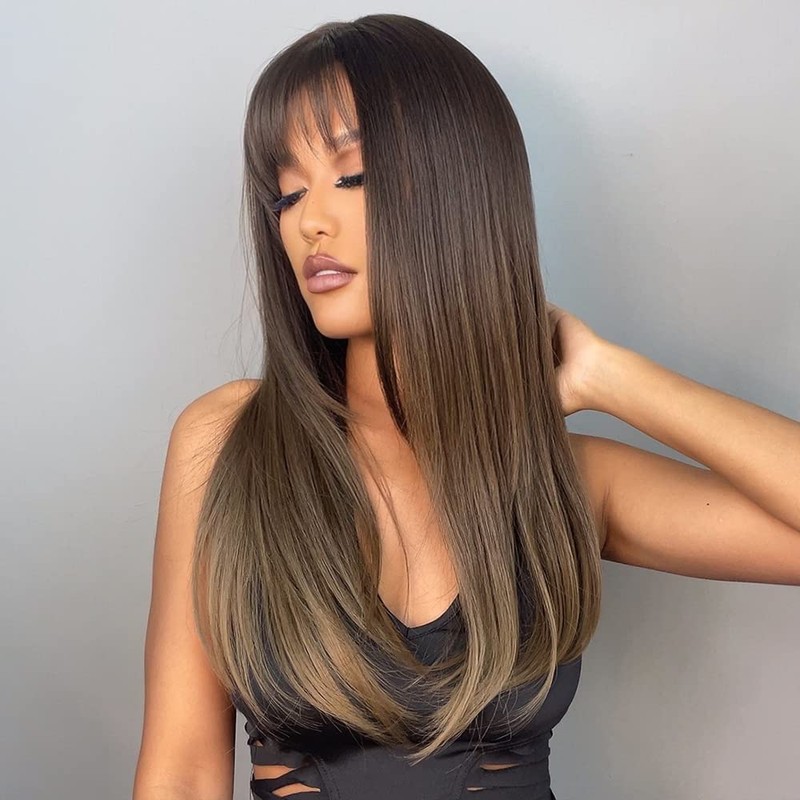 HAIRCUBE Brown Wig with Bangs Long Straight Wigs for Women