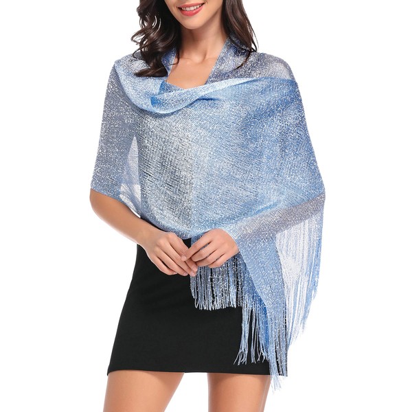 vimate Evening Shawl Wrap, Womens Solid Light Blue Shimmering Evening