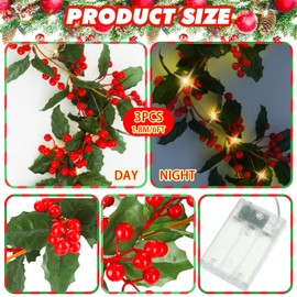 Lyrow 18 ft 3 Pcs Lighted Christmas Garland with Red Berry Artificial Christmas Vine Winter Holly Leaves LED Christmas Light String for Fireplace Mantle Indoor Outdoor Winter Holiday Decor