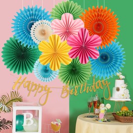 SUNBEAUTY Pack of 12 Paper Fans Birthday Decoration Hanging Paper Fans Happy Birthday Garland for Birthday Weddings Baby Shower Party Decoration