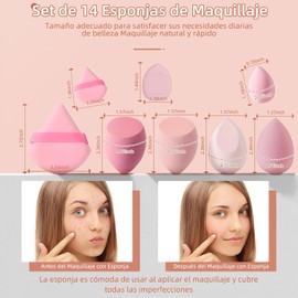 Esponjas de Maquillaje, Juego de 14 Beauty Blenders Y Aplicadores Mini para Líquidos, Cremas Y Polvos Cremas Y Polvos, Uso Húmedo Y Seco (Rosa Sponges)