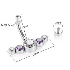 G23 Titanium Navel Ring Internally Threaded Belly Button Ring 14G 3/8 inch (10mm) Belly Button Bar Curved Shape with Purple CZ