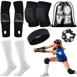 6 Pcs Volleyball Knee Pads Volleyball Accessories Set Volleyball Arm Sleeves with Thumbhole Sport Hair Scrunchies Sweat Band Volleyball Socks Drawstring Bag for Women Teen Girls Youth (Large, Black)