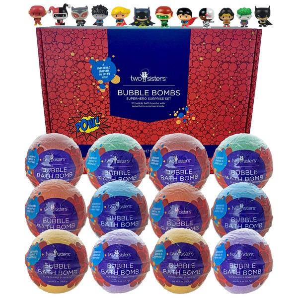 Two Sisters Spa Bubble Bombs Superhero Surprise Set | Bath Bombs for Kids with Toys Inside | 12-Pack Set in a Gift Box | Safe for Sensitive Skin | Fizzy and Bubbly Bath Balls for Boys and Girls