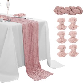 7pcs Cheesecloth Table Runner Set, 10ft Rustic Gauze Cheese Cloth Table Runner & 6 Boho Cotton Gauze(21"x21") for Spring Easter Boho Wedding Bridal Shower Sheer Centerpiece Decor(Pink)