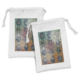 Ambesonne Ethnic Fabric Pouch Set of 2, Vintage Style Oriental Composition with Mandala Flowers and Peacock Feathers, Small Drawstring Bag for Toiletries Masks and Favors, 9" x 6", Multicolor