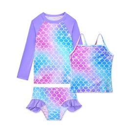 Girls Bathing Suits Size Long Sleeve Swimsuits 10-12 Years Old Purple Blue Mermaid 3 Pieces Rash Guard Tankini Set