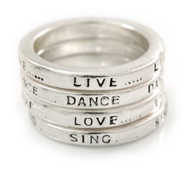 Avalaya Set of 4/ Live, Dance, Love, Sing Message/Stack Rings/Silver Tone/Size 7