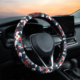 Black Red Camo Steering Wheel Cover Auto Steering Wheel Protector, Anti-Slip, Breathable, Absorbing Sweat, Universal Camo Car Accessories 14.5–15 inch,Fit for Most Car, Trucks, SUV