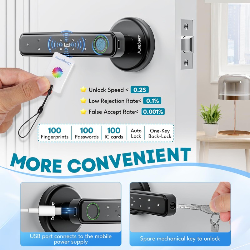 Zengtumy Fingerprint Door Lock, Door Locks for Bedrooms, Biometric Door