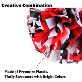 2Pcs Cheerleading Pom Poms with Baton Handle, YOCOMEY Bright Cheerleader Pompoms Kit, 1 Pair Cheer Cheering Pompoms for for Sports Game Dance Fancy Dress Party Team Spirit Cheering(Black/Red/White)