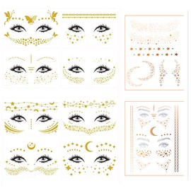 Nirbffo 10 Sheets Star Moon Golden Face Stickers Waterproof Temporary Face Tattoos Festival Sticker Face Glitter for Makeup Eye Stickers