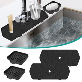4 PCS Kitchen Sink Splash Guard and Soap Tray, Silicone Faucet Guard Mat Faucet Splash Catcher Sponge Holder with Drain Spout, Keep Kitchen Bathroom Sinks Countertop Soap Dry (black)