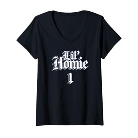 Womens LIL HOMIE 1 Funny Twin Matching Outfits Identical Twin V-Neck T-Shirt