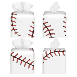 Baseball Tissue Box Cover Square Leather Tissue Case Holder Facial Paper Organizer Dispenser Decorative for Tabletop Night Stands Desk Bathroom Kitchen Car Office Home Decor