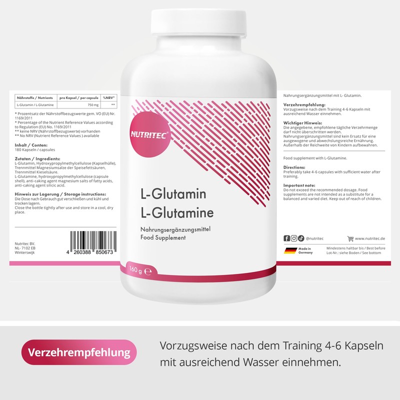 Nutritec L-Glutamin 750mg, 180 Kapseln, hochdosiert, Nahrungsergänzungsmittel