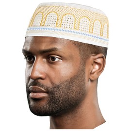 Dupsie's White, Gold and Blue Kofia Hat African Embroidered Kufi Cap