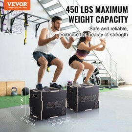 VEVOR 3 in 1 Plyometric Jump Box, Easy-to-Assemble Wood Plyo Box for Jumping Trainers, Home Gym Training and Conditioning, 20" x 18" x 16"