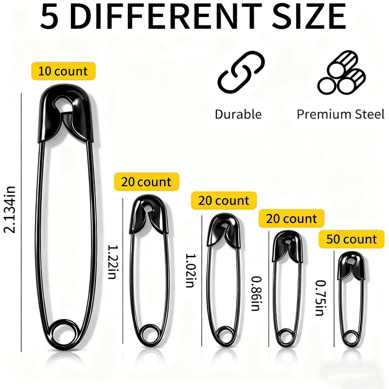 Hudinsun 120 PCS 5 Different Sizes Black Safety Pins Assorted,