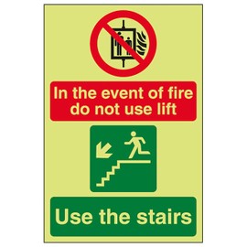 V Safety GITD In The Event Of Fire Do Not Use Lift/Use The Stairs Left 150 x 200 mm - Glow In The Dark 1mm Rigid Plastic Safety Sign