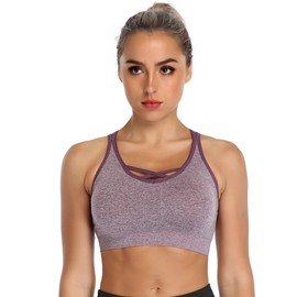 ANGOOL Padded Sports Bra Wirefree Mid Impact Yoga Bras Unique Cross Back Strappy for Gym Yoga Purple