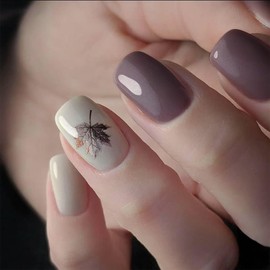 Nymora Press on Nails French - 24 Pieces Purple & White Maple Leaf Press on Nails, False Nails with Gel Foil, Autumn/Winter Nail Design for Women Girls