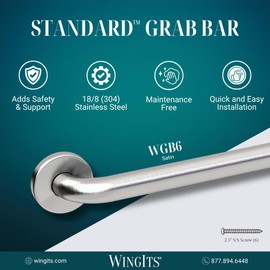 WingIts WGB6SS24 STANDARD Grab Bar, Concealed Mount, Satin Stainless Steel, 24-Inch Length by 1.50-Inch Diameter