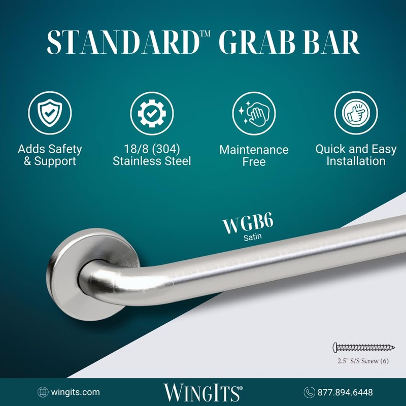WingIts WGB6SS24 STANDARD Grab Bar, Concealed Mount, Satin Stainless Steel,