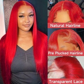 32 Inch Red Lace Front Wig Human Hair 180% Density 13x4 Hd Straight Lace Front Wigs Human Hair Pre Plucked Burgundy Red Colored Frontal Wigs Human Hair Red Straight Wig Hair for Women