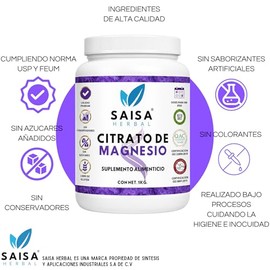 Citrato De Magnesio 1 kg | Suplemento Alimenticio | Sin Sabor Saisa Herbal | 100% Puro | Sin Azucar, Conservadores, Saborizantes | Energía, Vitalidad,