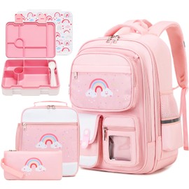 6pcs Girls Backpack with Bento Lunch Box Set, Kids Backpack for School with Lunch Box Lunch Bag Pencil Case Ice Box, Cute Kawaii Backpack Set, Bookbag for Elementary Middle High School