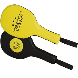 VELO. Taekwondo Kick Pad Microfiber Leather Double Kicking Durable Strike Pads Kickboxing Training Combat Sports Karate Target (Yellow-Black, Pair)