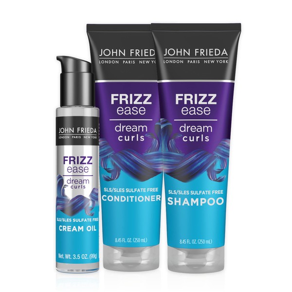 John Frieda Frizz Ease Dream Curls Shampoo and Conditioner Set + Cream Oil, Hydrates and Defines Curly, Wavy Hair, Helps Control Frizz, SLS/SLES Sulfate Free, 8.45 fl oz Set + 3.45 fl oz Hair Oil