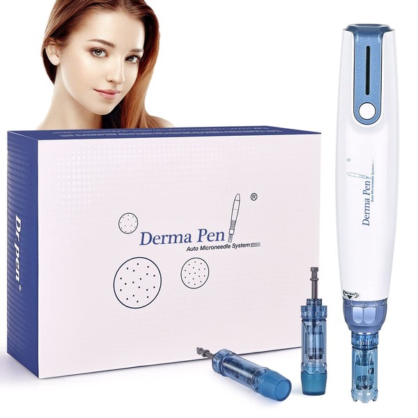 Dermapen Microneedling A9, Electric Derma Pen 0-2.5 mm with LED Light Car Microneedle Roller for Scars, Acne, Wrinkles, Stretch Marks, Hair Loss, 2 x 12 Pin Micro Needles Cartridges Including
