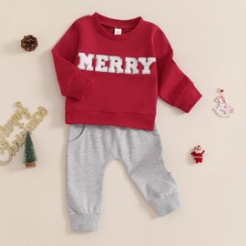 MAHUAOYIXI Toddler Boys Christmas Outfits Letter Embroidery Long Sleeve Crew Neck Sweatshirts with Elastic Waist Sweatshirt Pants 2Pcs Tracksuit Baby Boys Christmas Clothes (Red, 6-12 Months)