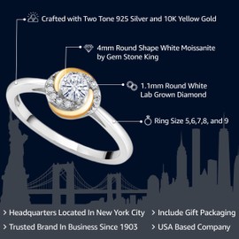 Gem Stone King 925 Silver and 10K Yellow Gold White Moissanite and White Lab Grown Diamond Solitaire Engagement Ring For Women | 0.30 Cttw | Round 4MM | Available In Size 5, 6, 7, 8, 9
