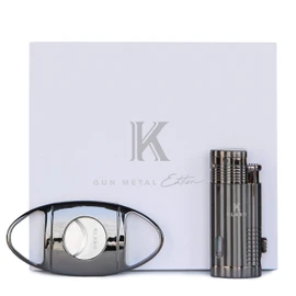 CASE ELEGANCE Klaro Cigar Accessory Kit Polished Gunmetal Finish Cutter & Lighter Gift Set Packaging
