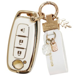For Nissan Pathfinder Key Fob Cover 2026, 3 Button Key Shell for Maxima/Rogue/Kicks 2025, Golden Key Case with Leather Keychain 2024, Car Accessories Bling(RC3B White)