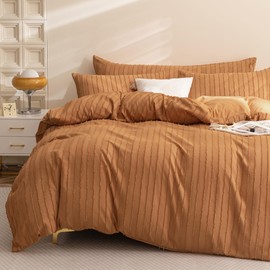 JELLYMONI Rust Duvet Cover King Size - 3PCS Microfiber Tufted Duvet Cover Set, Boho Striped Tufted Textured Duvet Cover with Corner Ties & Zipper Closure