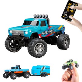 Flashstar Mini Rc Truck, 1:64 Scale Monster Truck Remote Control Car with Lights, 2.4Ghz Remote Control, Speed/Steering Adjustable (Blue-B)
