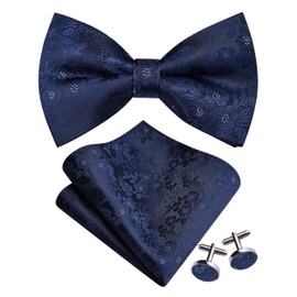 GUSLESON Navy Blue Bow Tie and Pocket Square Set for Men Floral Pre-Tied Bowties Cufflinks for Wedding (0493-03)