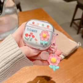 Casevita Cute Case Compatible with AirPods 4 Active Noise Cancelling with Pendant, Clear 3D Flowers for Women Shockproof Protective Case Compatible with AirPods 4