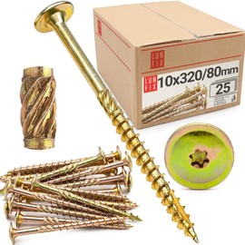 Lun Fix Flat Head Screws 10 x 320 mm | Pack of 25 | TX40 | Flat Head / Milling Ribs | Yellow Galvanised | Torx Screws | Wood Screws | Flat Head Screws Wood | Construction Screws |